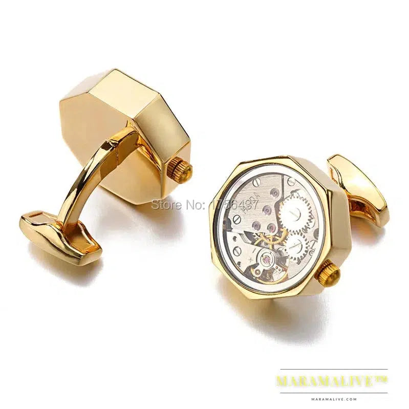 Functional Watch Movement Cufflinks With Glass Stainless Steel Steampunk Gear Watch Mechanism Cufflinks for Mens Relojes gemelos