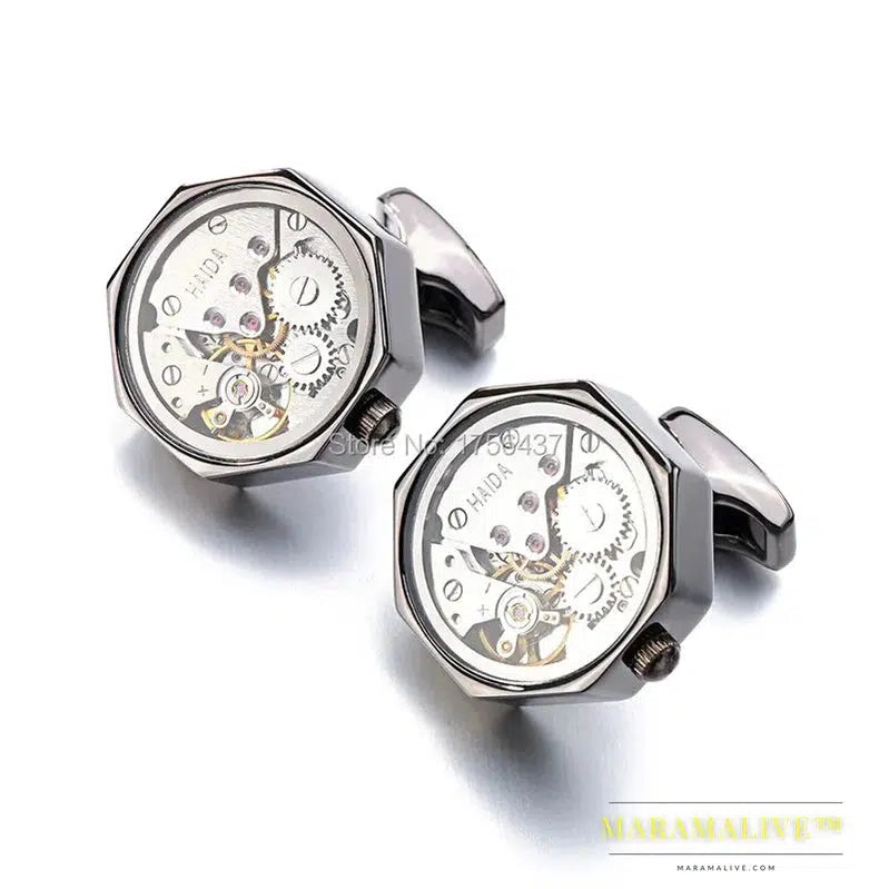 Functional Watch Movement Cufflinks With Glass Stainless Steel Steampunk Gear Watch Mechanism Cufflinks for Mens Relojes gemelos