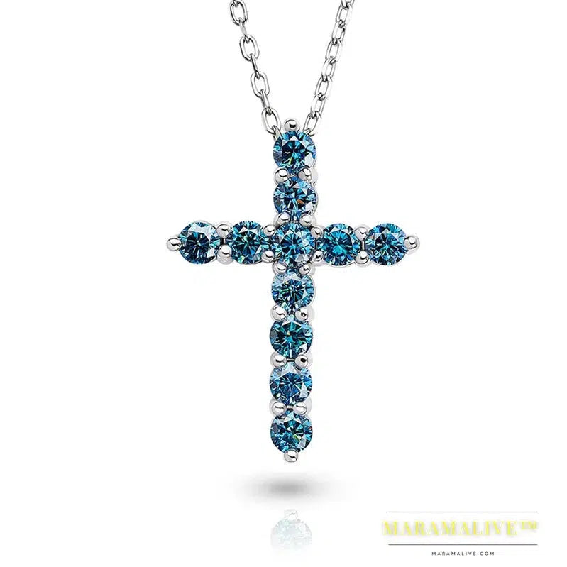 GIGAJEWE Total 1.1ct 3mmX11 Round Cut D VVS1 Moissanite 925 Silver Christian Religious Cross Pendant Necklace Woman Girl Gift