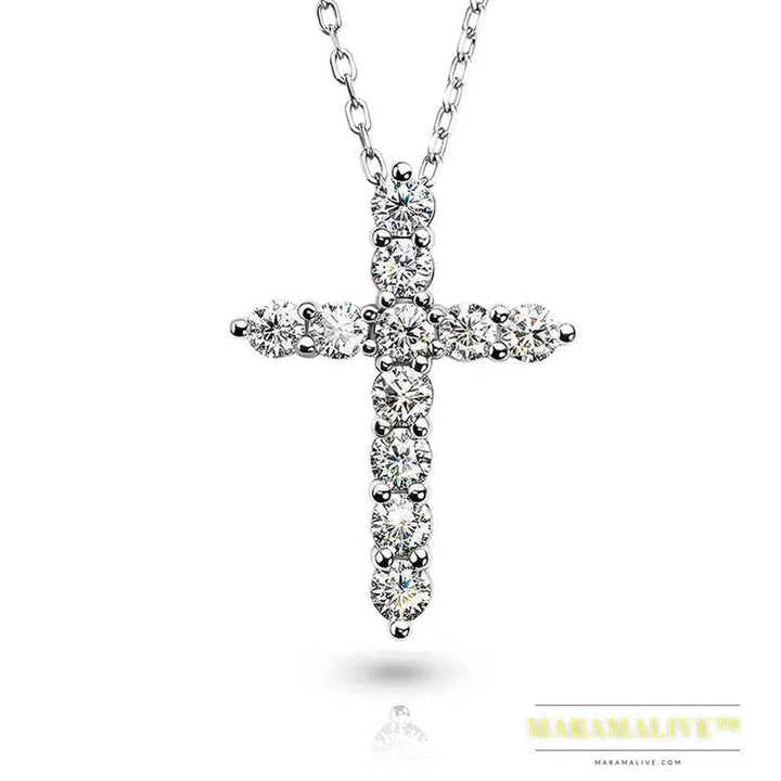 GIGAJEWE Total 1.1ct 3mmX11 Round Cut D VVS1 Moissanite 925 Silver Christian Religious Cross Pendant Necklace Woman Girl Gift