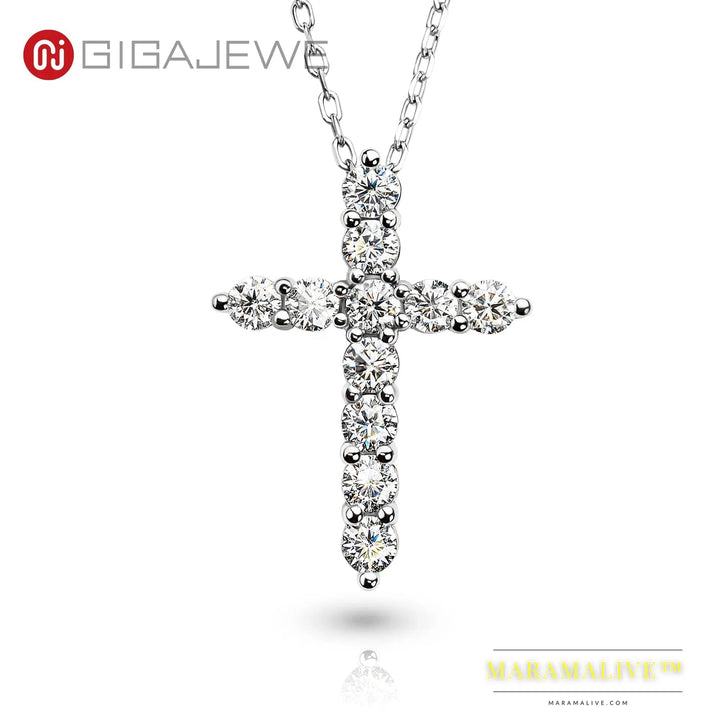 GIGAJEWE Total 1.1ct 3mmX11 Round Cut D VVS1 Moissanite 925 Silver Christian Religious Cross Pendant Necklace Woman Girl Gift