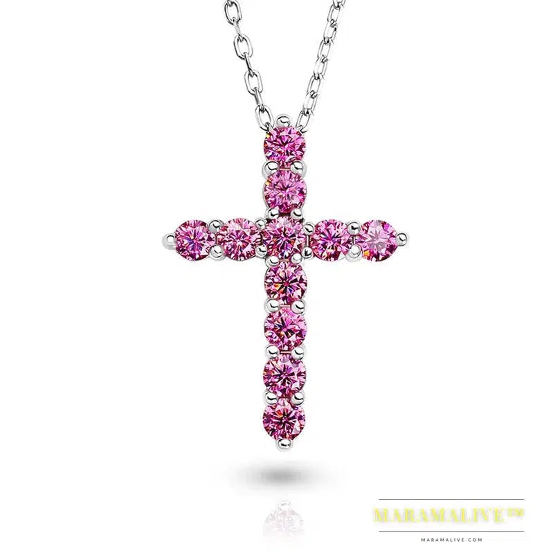 GIGAJEWE Total 1.1ct 3mmX11 Round Cut D VVS1 Moissanite 925 Silver Christian Religious Cross Pendant Necklace Woman Girl Gift