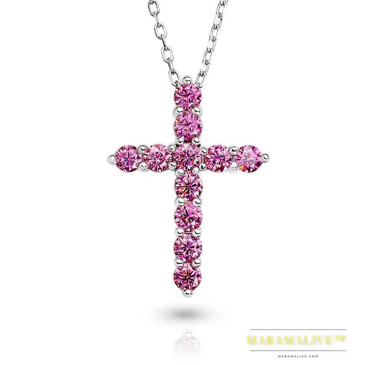 GIGAJEWE Total 1.1ct 3mmX11 Round Cut D VVS1 Moissanite 925 Silver Christian Religious Cross Pendant Necklace Woman Girl Gift