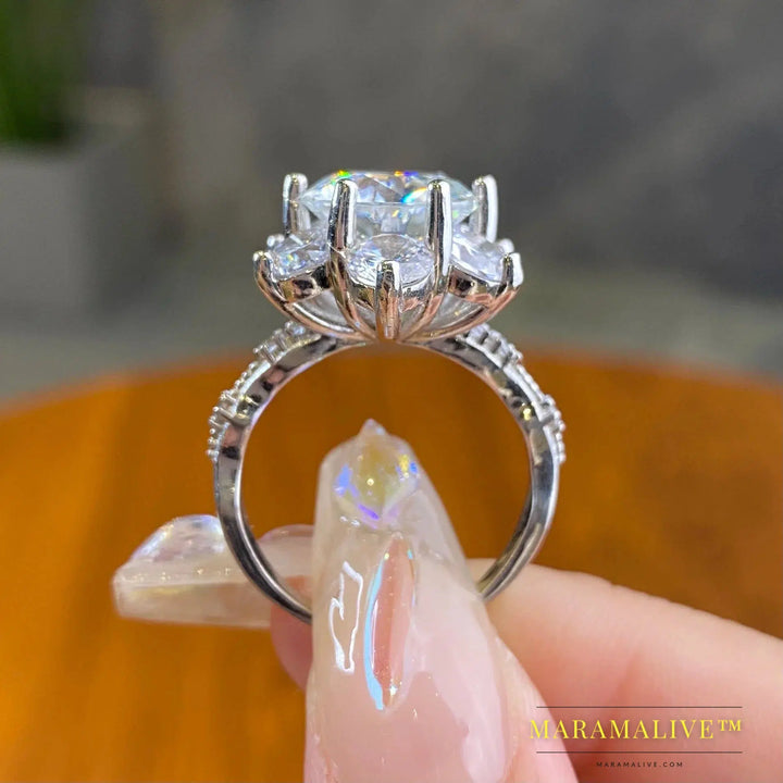 GRA 100% Real 5CT Big Moissanite Diamond Classical Sunflower Ring for Women Gift 925 Sterling Silver Wedding Luxury Fine Jewelry