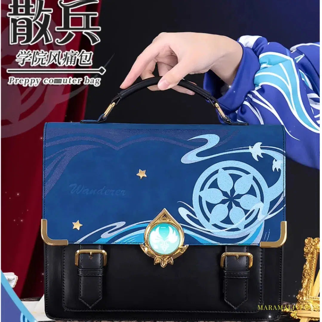 Genshin Impact Wanderer Xiao Theme Cosplay Shoulder Bag - Unique Luxury Designer PU Handbag & Campus Backpack with Metallic God's Eye Embellishment