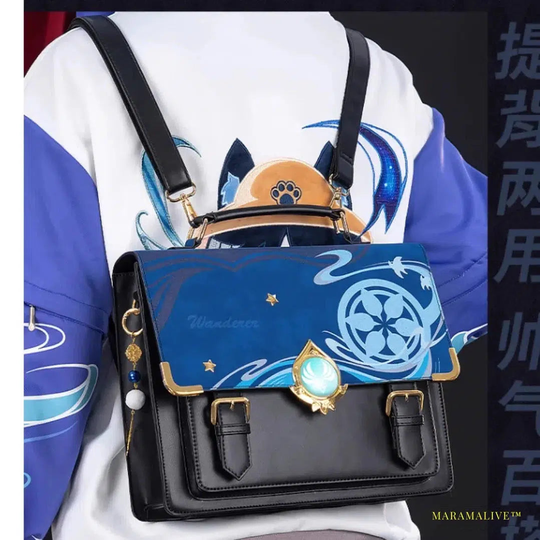 Genshin Impact Wanderer Xiao Theme Cosplay Shoulder Bag - Unique Luxury Designer PU Handbag & Campus Backpack with Metallic God's Eye Embellishment