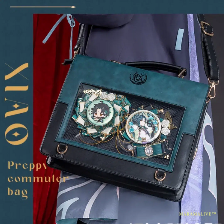 Genshin Impact Wanderer Xiao Theme Cosplay Shoulder Bag - Unique Luxury Designer PU Handbag & Campus Backpack with Metallic God's Eye Embellishment