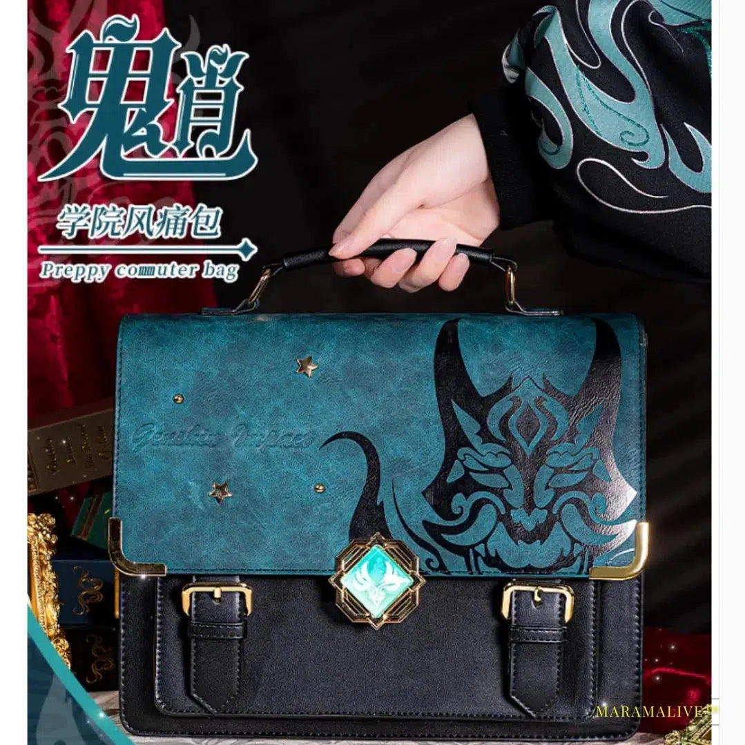 Genshin Impact Wanderer Xiao Theme Cosplay Shoulder Bag - Unique Luxury Designer PU Handbag & Campus Backpack with Metallic God's Eye Embellishment