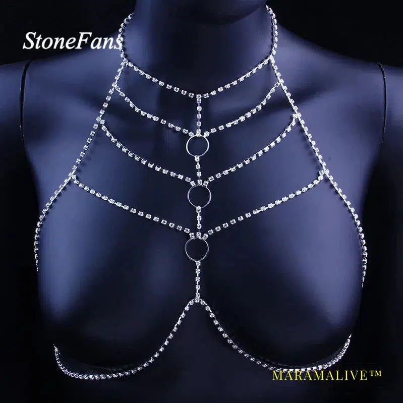 Gift Sexy Body Chain Bra Jewelry Open Round Top Body Chains Rhinestone Harness Party Club Charming Women Jewelry