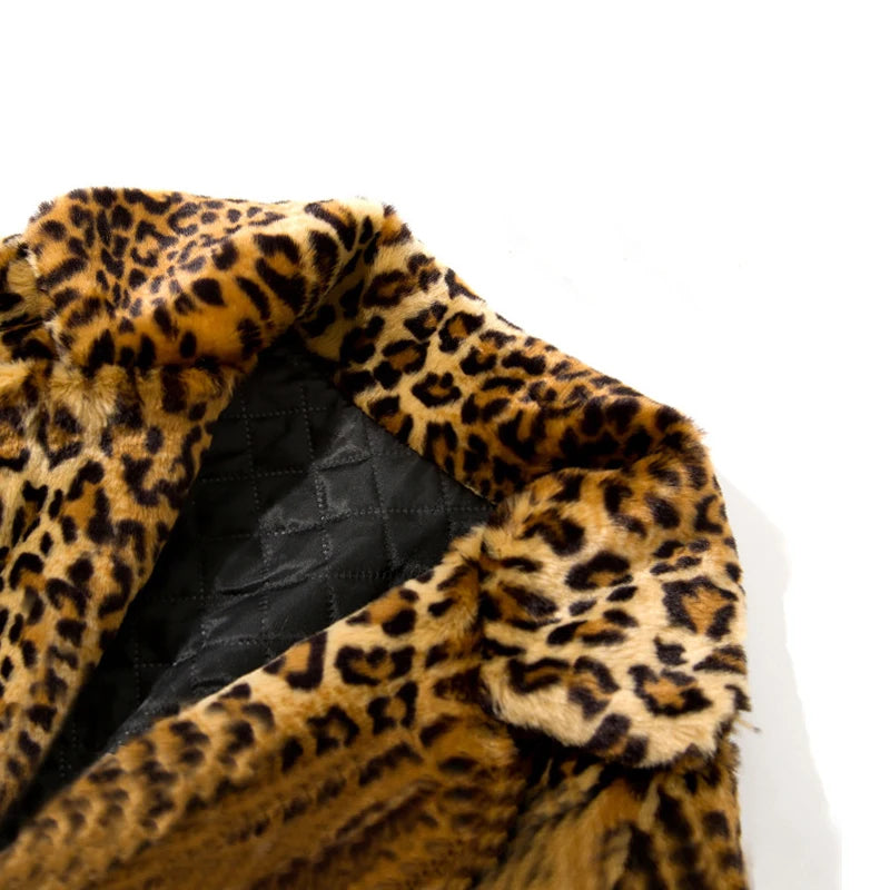 Glamorous Faux Fur Leopard Print Mid-Length Coat with Suit Collar - Fashionable Clubwear Outerwear