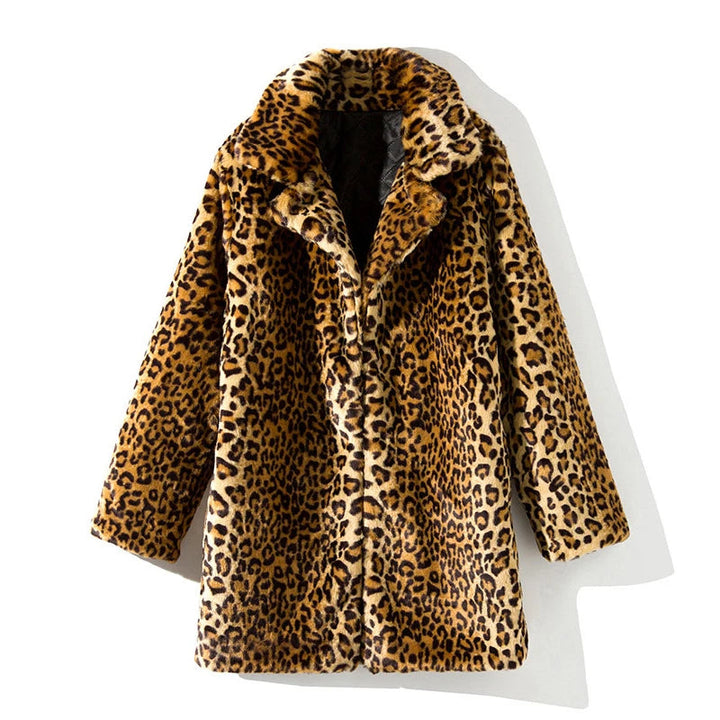 Glamorous Faux Fur Leopard Print Mid-Length Coat with Suit Collar - Fashionable Clubwear Outerwear