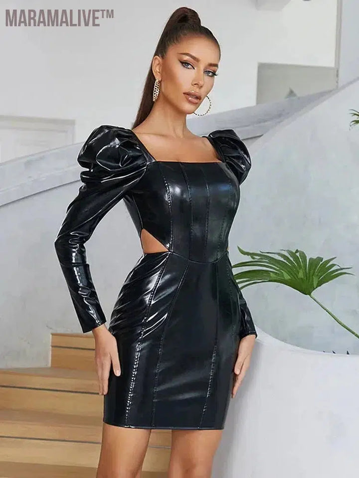 Glossy Patent Leather Dress Women Puff Sleeve Mini Dress Waist Hollow Out Stretch PU Bodycon Square Neck PVC Dress Party Custom