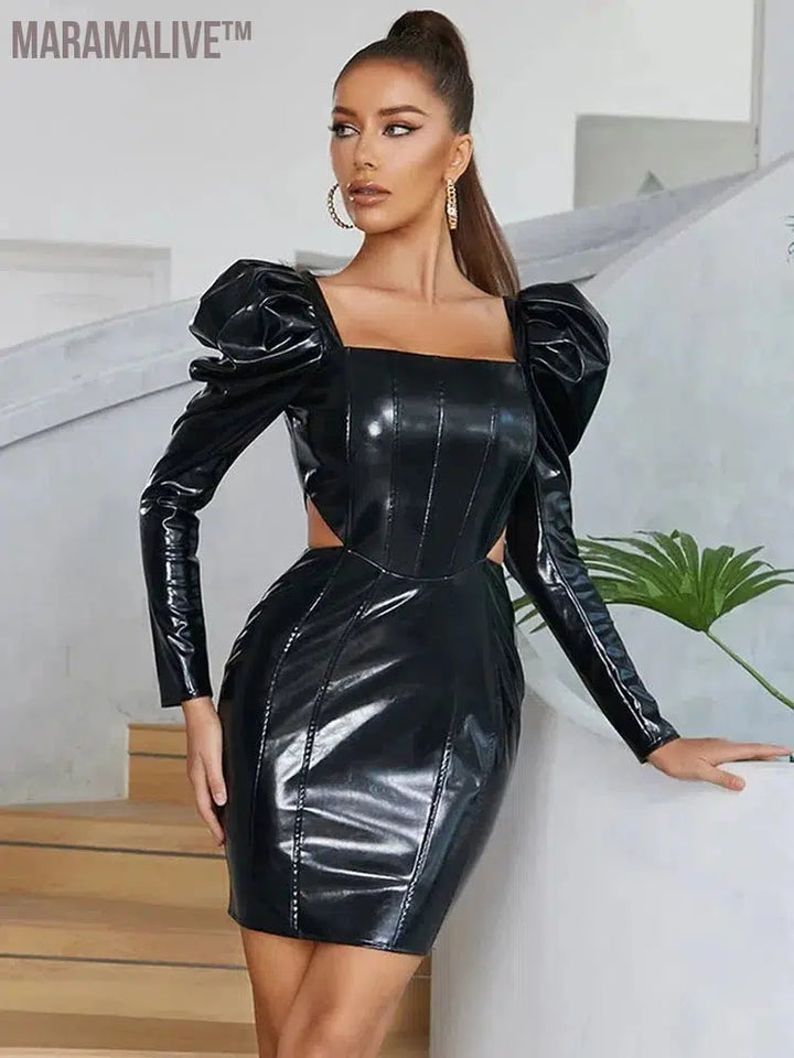 Glossy Patent Leather Dress Women Puff Sleeve Mini Dress Waist Hollow Out Stretch PU Bodycon Square Neck PVC Dress Party Custom