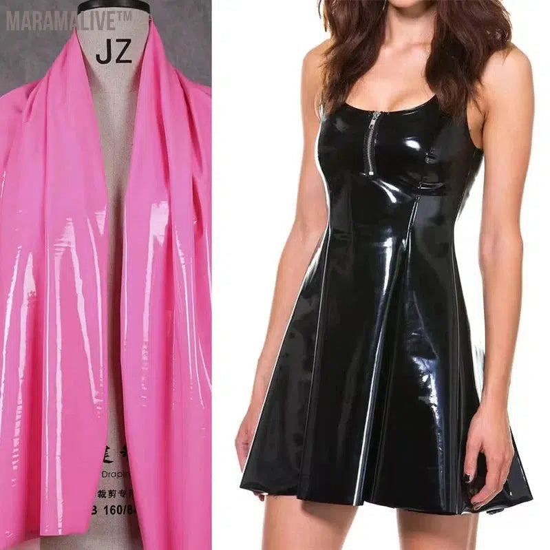 Glossy Patent Leather Tank Dress Women Faux Latex Sleeveless Pleated Dress Sexy Gothic Zip PVC Mini A-line Dress Clubwear Custom