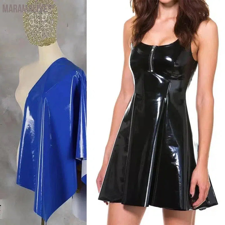 Glossy Patent Leather Tank Dress Women Faux Latex Sleeveless Pleated Dress Sexy Gothic Zip PVC Mini A-line Dress Clubwear Custom