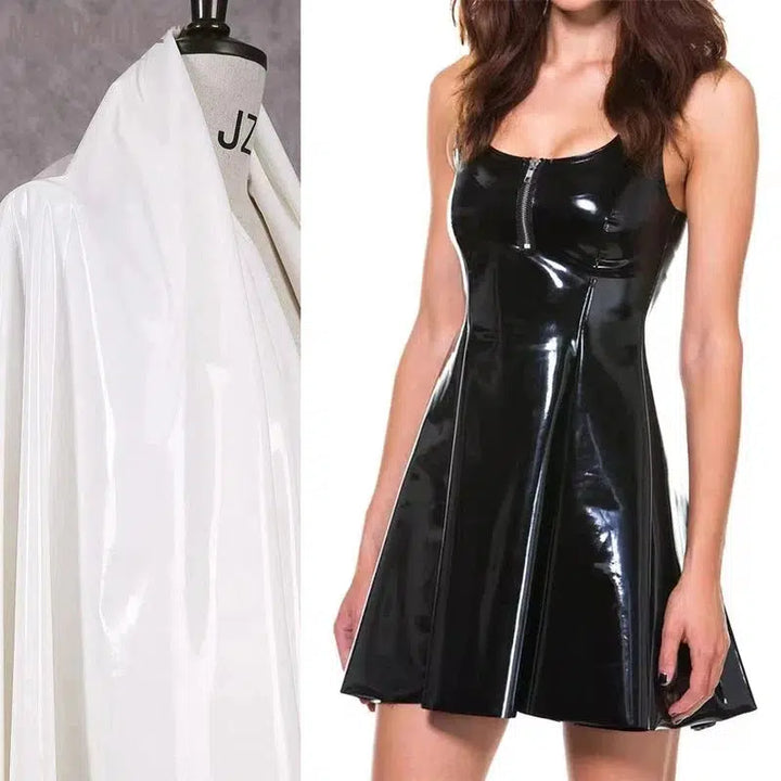 Glossy Patent Leather Tank Dress Women Faux Latex Sleeveless Pleated Dress Sexy Gothic Zip PVC Mini A-line Dress Clubwear Custom