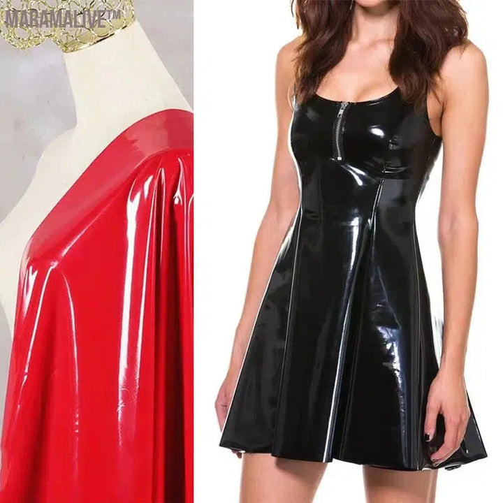 Glossy Patent Leather Tank Dress Women Faux Latex Sleeveless Pleated Dress Sexy Gothic Zip PVC Mini A-line Dress Clubwear Custom