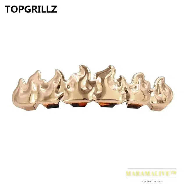 Gold Color Plated HIP HOP Teeth Grillz Flame Leaf Top & Bottom Grill Set With silicone Vampire teeth Christmas Gift