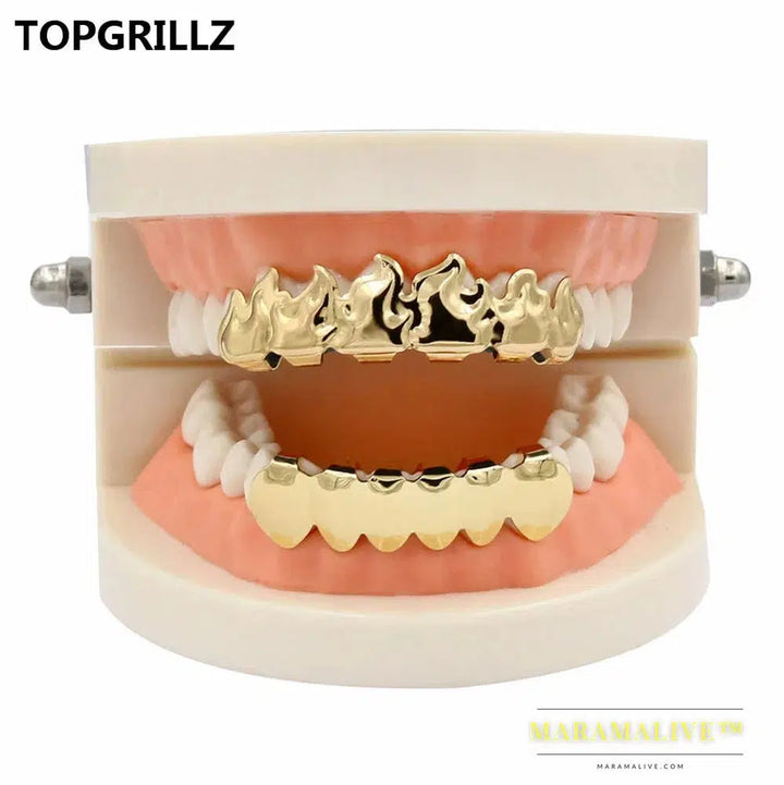 Gold Color Plated HIP HOP Teeth Grillz Flame Leaf Top & Bottom Grill Set With silicone Vampire teeth Christmas Gift