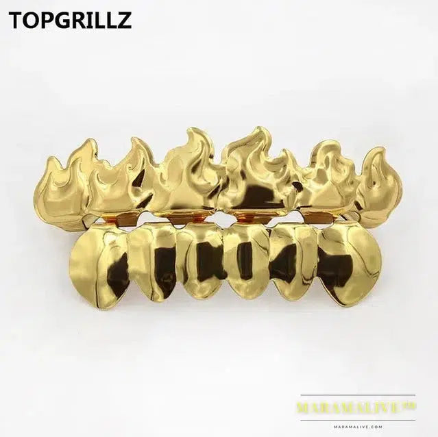 Gold Color Plated HIP HOP Teeth Grillz Flame Leaf Top & Bottom Grill Set With silicone Vampire teeth Christmas Gift