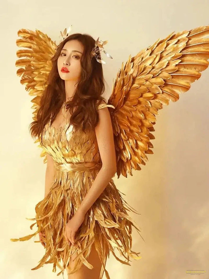 Gold Feather Fairy Wings Victorian Dress Princess Girl Halloween Costumes Wing for Women Sexy Cosplay Costumes Suit Party