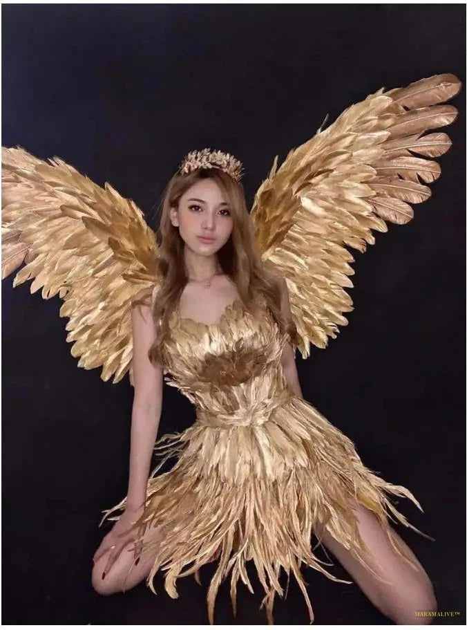 Gold Feather Fairy Wings Victorian Dress Princess Girl Halloween Costumes Wing for Women Sexy Cosplay Costumes Suit Party