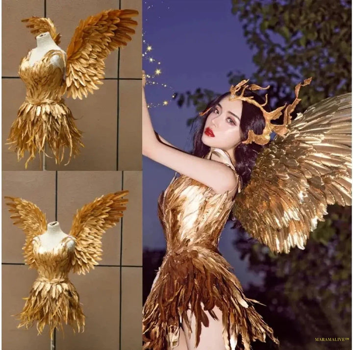 Gold Feather Fairy Wings Victorian Dress Princess Girl Halloween Costumes Wing for Women Sexy Cosplay Costumes Suit Party