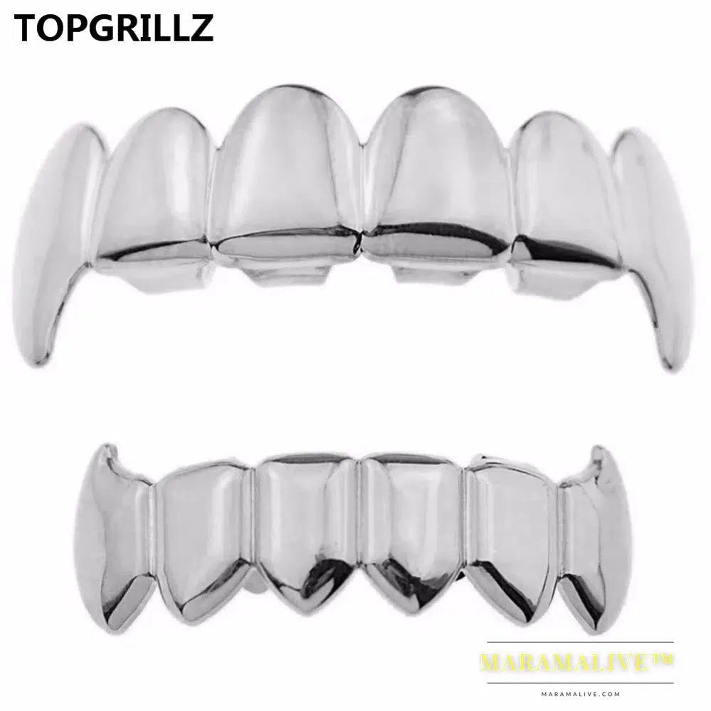 Gold Silver Plated HIP HOP Teeth Grillz Top & Bottom Grills Set With silicone Real Shiny Vampire Tooth Sets