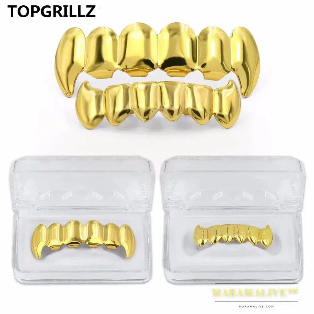 Gold Silver Plated HIP HOP Teeth Grillz Top & Bottom Grills Set With silicone Real Shiny Vampire Tooth Sets