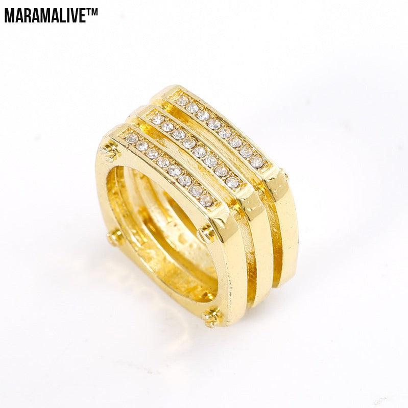 Gold Three-row Diamond Hollow Geometric Ring