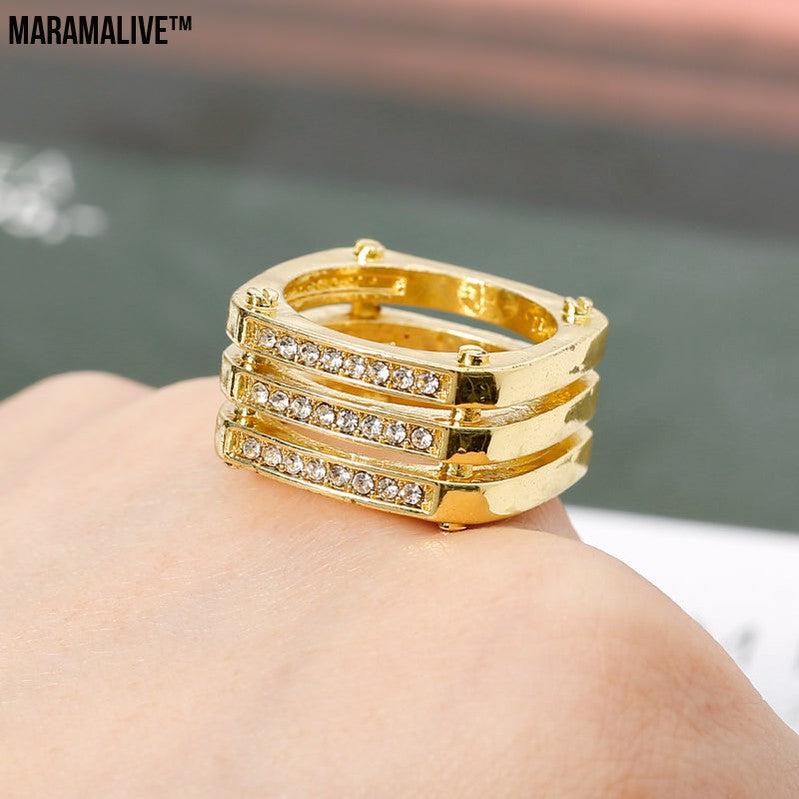 Gold Three-row Diamond Hollow Geometric Ring