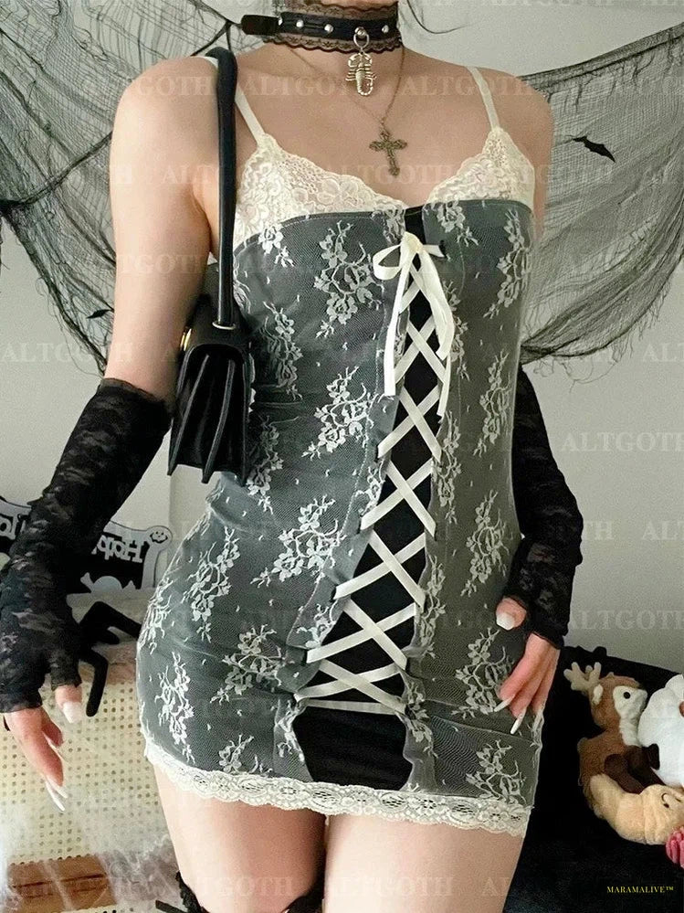 Goth Aesthetic Hotsweet Lace Dress Women Soft Goth Fairycore Grunge Bandage Corset Dress Coquette Y2k Streetwear Rave Outfits