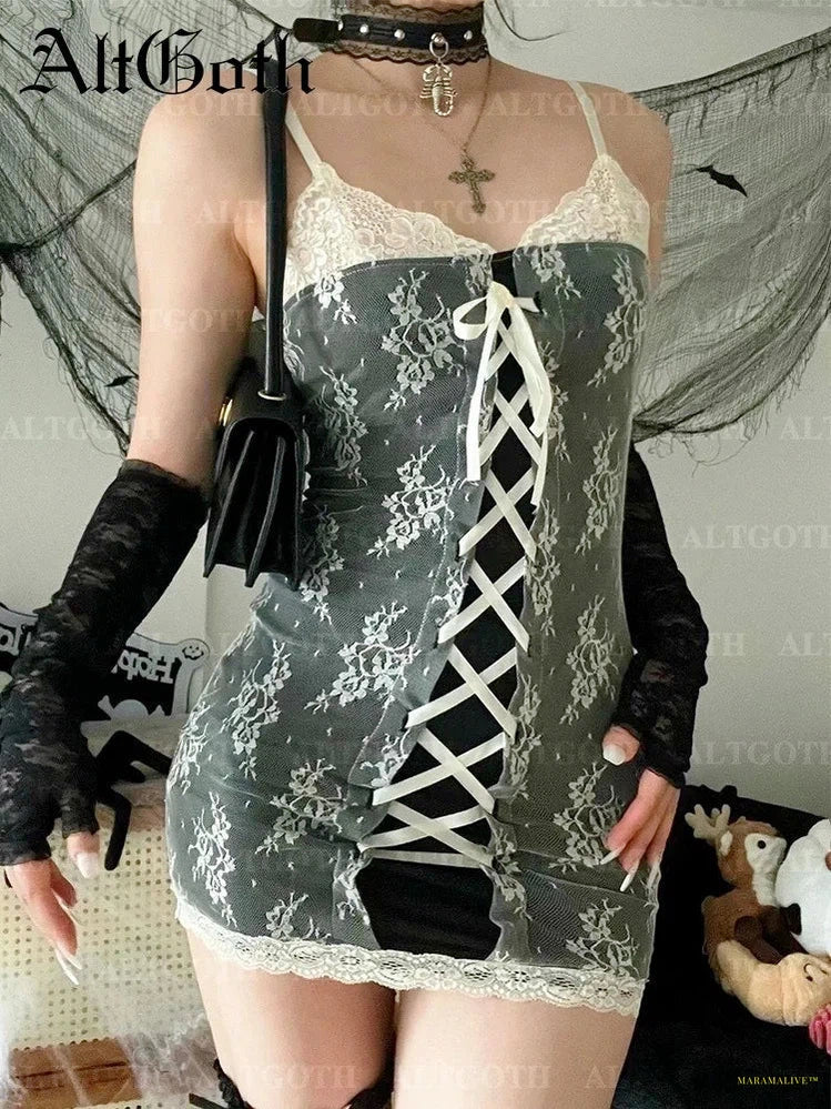 Goth Aesthetic Hotsweet Lace Dress Women Soft Goth Fairycore Grunge Bandage Corset Dress Coquette Y2k Streetwear Rave Outfits