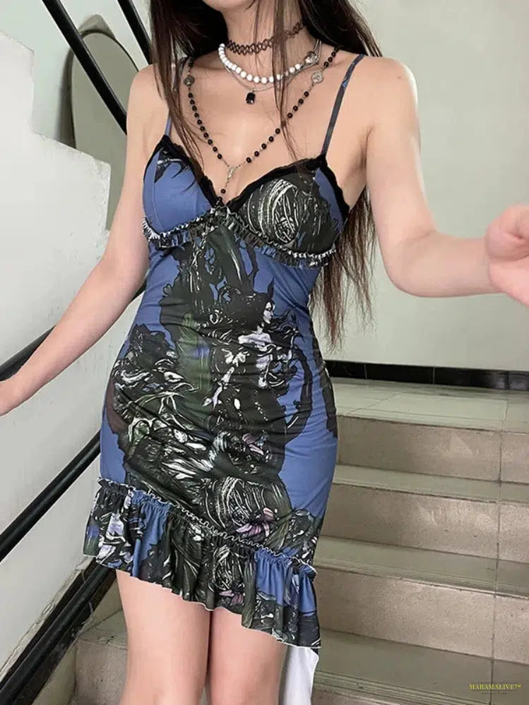 Goth Aesthetic Mall Gothic Dress Women Vintage Y2k Emo Alternative Grunge Abstract Print Spaghetti Strap Irregular Hem Dress