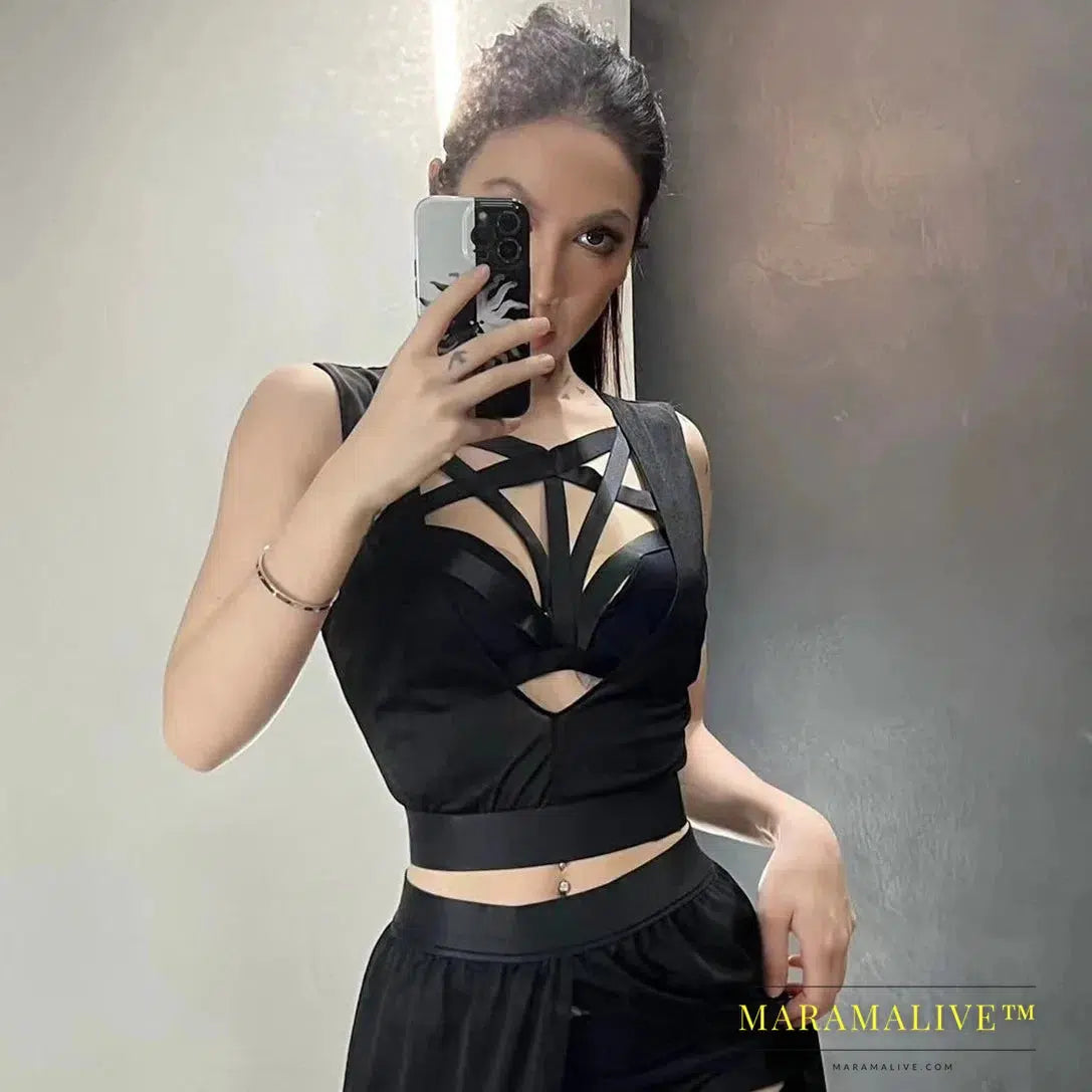 Goth Club Mesh Sexy Summer Corsets Skirt Set Women Sleeveless Black Crop Bra Top Bandage Underpants Slit Skirt 4pcs Sets