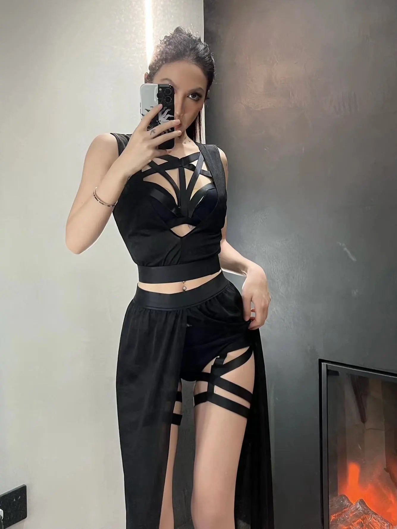 Goth Club Mesh Sexy Summer Corsets Skirt Set Women Sleeveless Black Crop Bra Top Bandage Underpants Slit Skirt 4pcs Sets