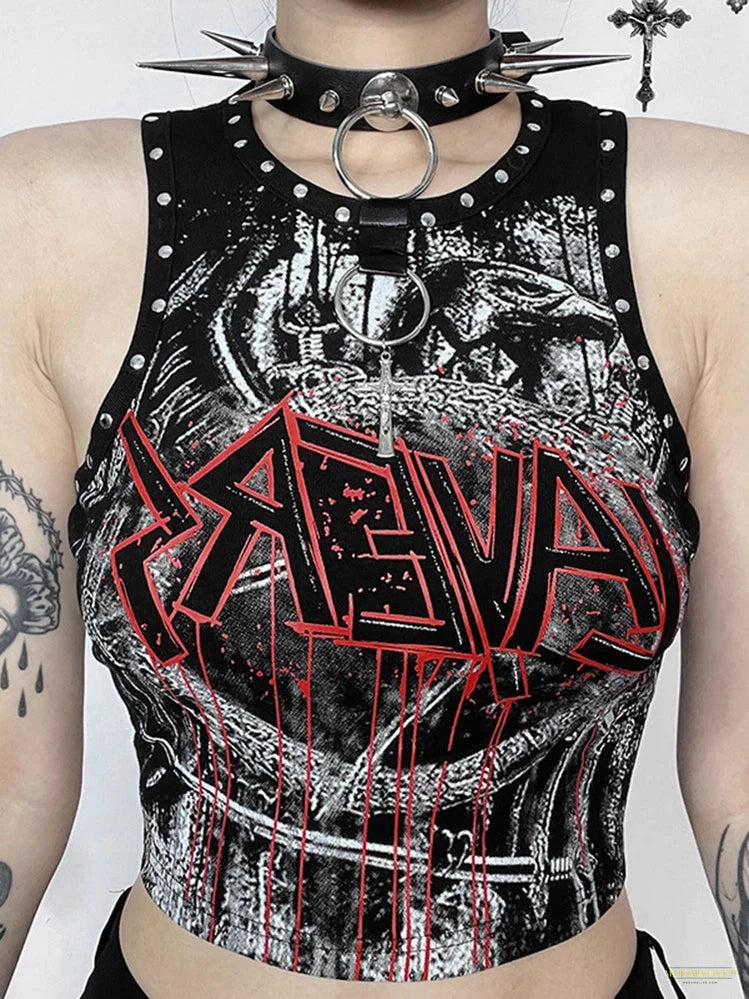 Goth Cyber Punk Y2k Gothic Vest Women Streetwear Harajuku Hip Hop Grunge Printed Rivets Crop Tank Tops Emo Alt Hipster Outfit