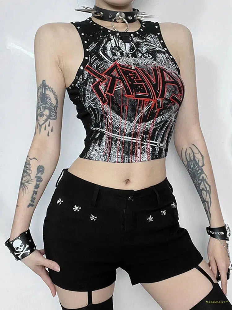 Goth Cyber Punk Y2k Gothic Vest Women Streetwear Harajuku Hip Hop Grunge Printed Rivets Crop Tank Tops Emo Alt Hipster Outfit