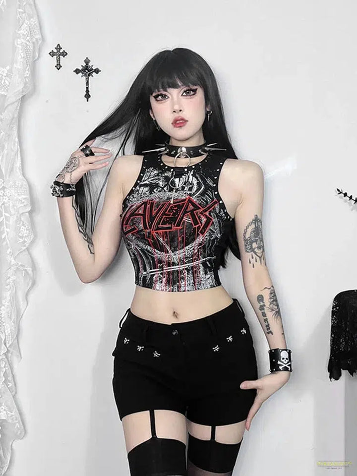 Goth Cyber Punk Y2k Gothic Vest Women Streetwear Harajuku Hip Hop Grunge Printed Rivets Crop Tank Tops Emo Alt Hipster Outfit