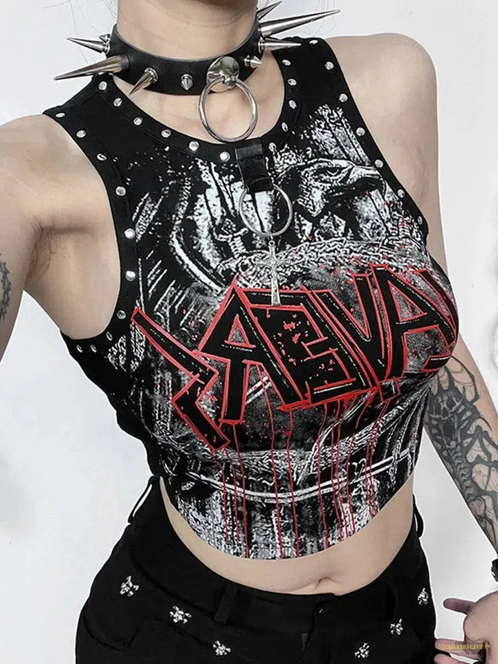 Goth Cyber Punk Y2k Gothic Vest Women Streetwear Harajuku Hip Hop Grunge Printed Rivets Crop Tank Tops Emo Alt Hipster Outfit