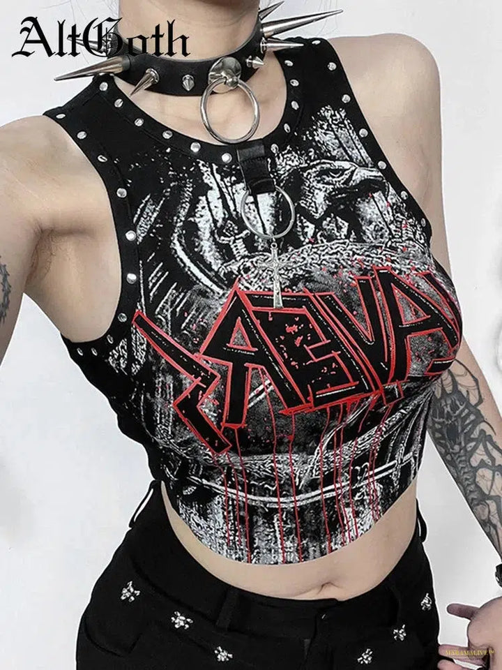 Goth Cyber Punk Y2k Gothic Vest Women Streetwear Harajuku Hip Hop Grunge Printed Rivets Crop Tank Tops Emo Alt Hipster Outfit