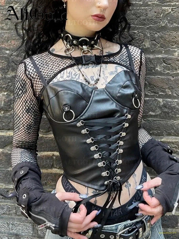 Goth Cyberpunk Mall Goth Pu Camis Women Streetwear Harajuku Bandage Corset Crop Tank Tops Emo Alternative Rave Outfits Female