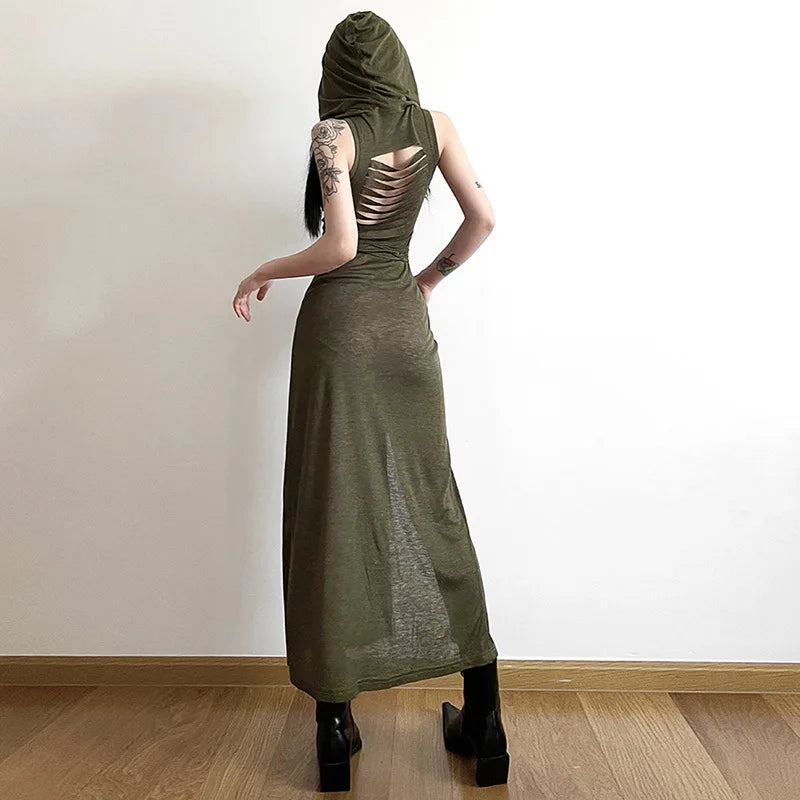 Goth Dark Cyber Gothic Desert Walker Hooded Dresses Y2k Punk Grunge Hollow Out Midi Dress Women Sexy Split Side Solid Streetwear