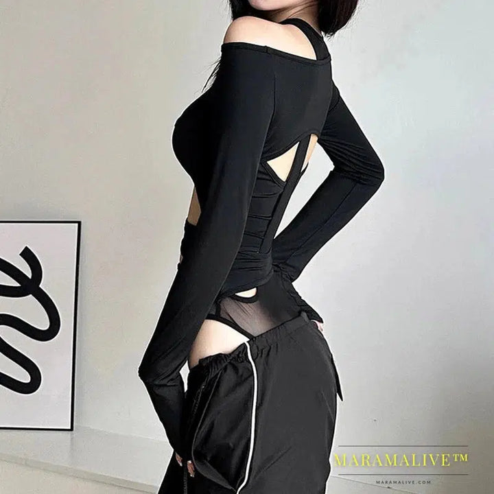 Goth Dark Cyber Y2k Punk Hollow Out Sexy Bodysuits Mall Gothic Bodycon Mesh Sheer T-shirts Women Long Sleeve Patchwork Bodysuit