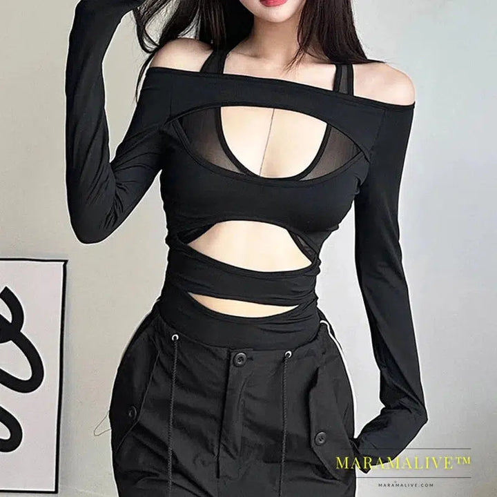 Goth Dark Cyber Y2k Punk Hollow Out Sexy Bodysuits Mall Gothic Bodycon Mesh Sheer T-shirts Women Long Sleeve Patchwork Bodysuit