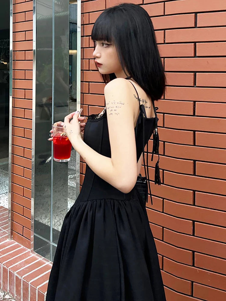 Goth Dark Elegant Lolita Mall Gothic Bodycon Long Dresses E-girl Grunge Style Lace Up Women Black Dress Alt Sexy Sling Partywear