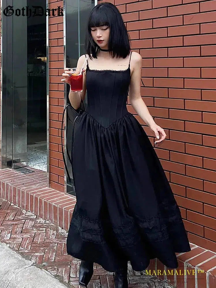 Goth Dark Elegant Lolita Mall Gothic Bodycon Long Dresses E-girl Grunge Style Lace Up Women Black Dress Alt Sexy Sling Partywear