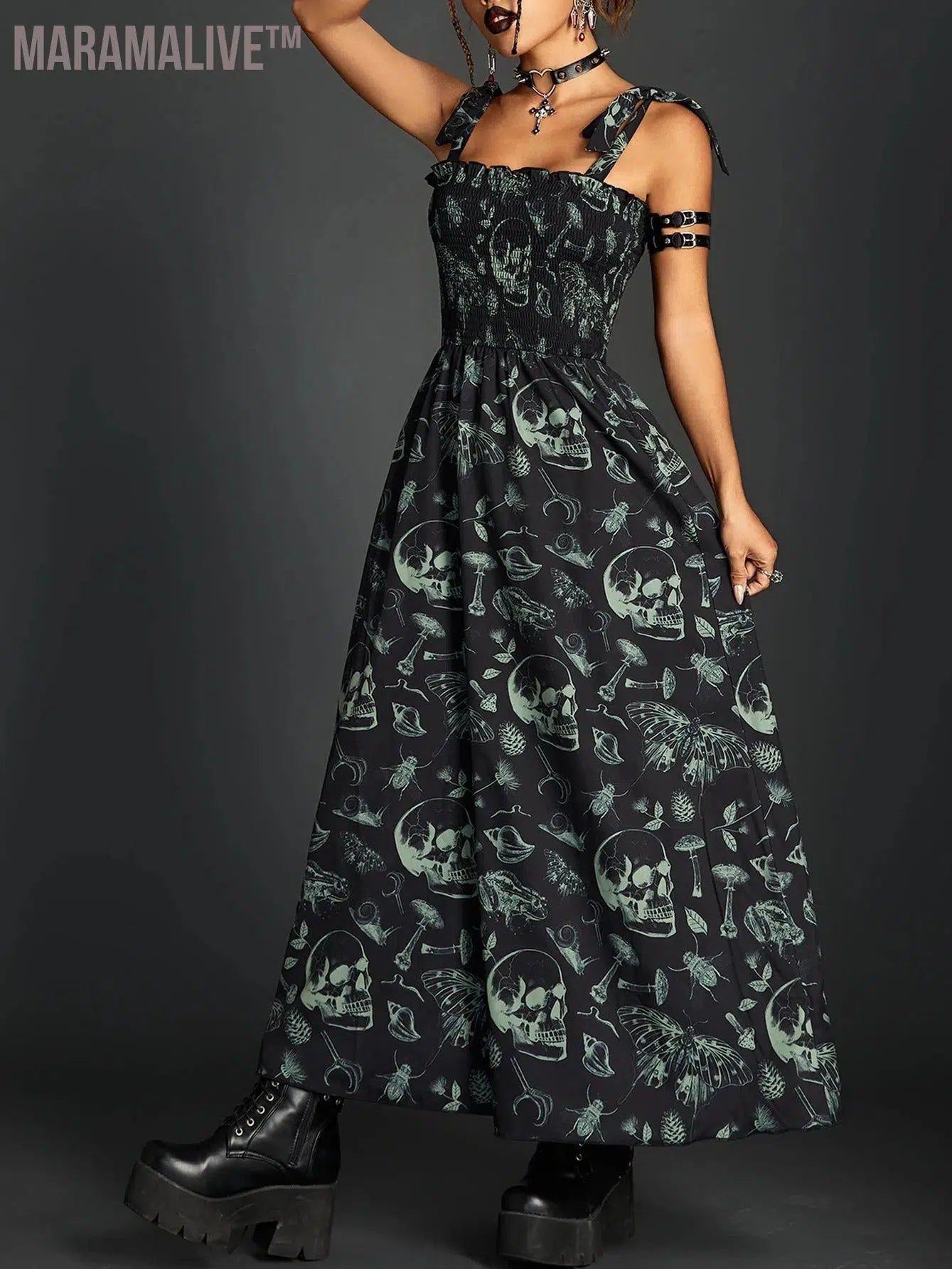 Goth Dark Fairy Grunge Y2k Aesthetic Skull Graphic Dresses Mall Gothic Shirring Lace Up Long Dress Punk A-line Slim Emo Clothing