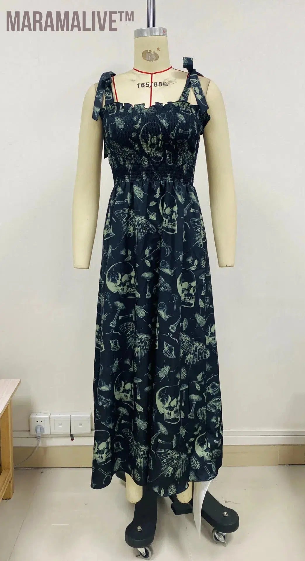 Goth Dark Fairy Grunge Y2k Aesthetic Skull Graphic Dresses Mall Gothic Shirring Lace Up Long Dress Punk A-line Slim Emo Clothing