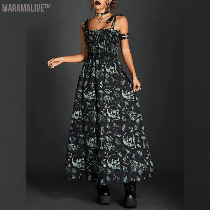 Goth Dark Fairy Grunge Y2k Aesthetic Skull Graphic Dresses Mall Gothic Shirring Lace Up Long Dress Punk A-line Slim Emo Clothing